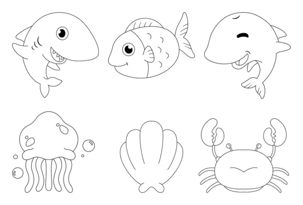 Underwater Coloring Pages Kids Educational Set Sea Animals 免版税图库插图