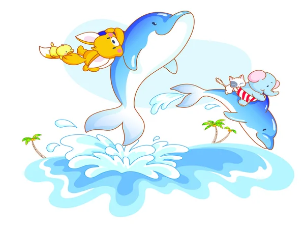 Animal nadando con delfines — Vector de stock