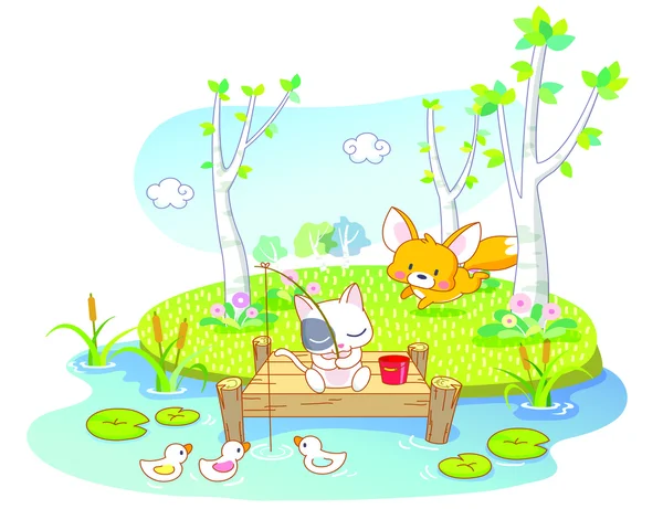 Dibujos animados gato pesca en el río — Vector de stock