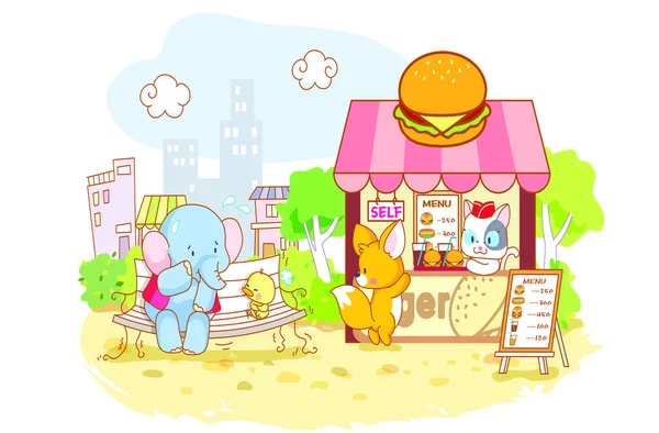 Animales de dibujos animados en la tienda — Vector de stock