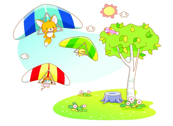 有趣的动物卡通玩跳伞 — 图库矢量图片