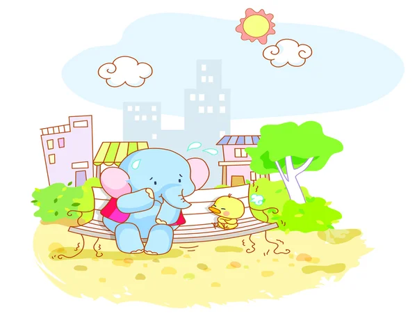 Elefante divertido y dibujos animados polluelos estaban sentados en el parque de la ciudad — Vector de stock