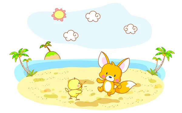 Grappige eekhoorn en chick cartoon met beach achtergrond — Stockvector