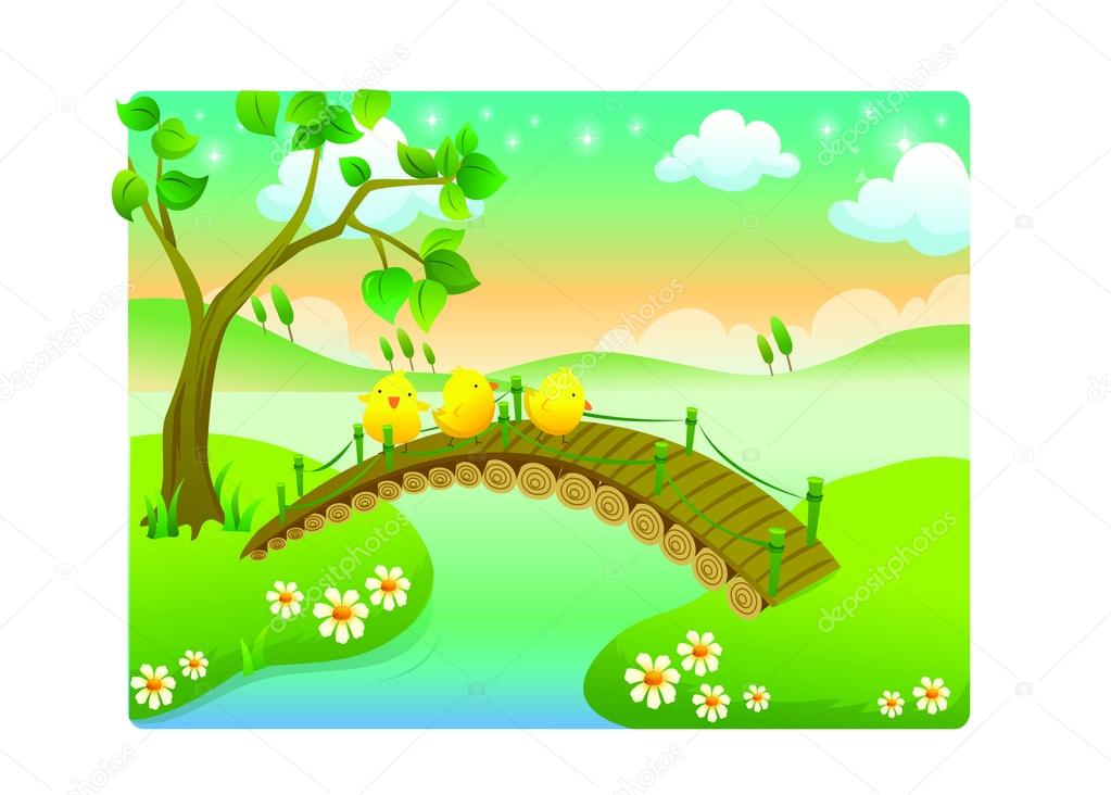 Chicks cartoon with beautiful landscape in the river