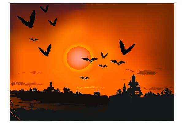 Sunset with silhouette bat — Stock Vector