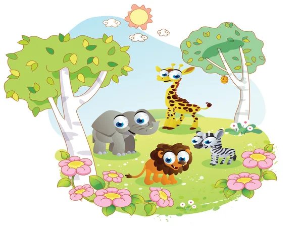 野生动物卡通在花卉园 — 图库矢量图片