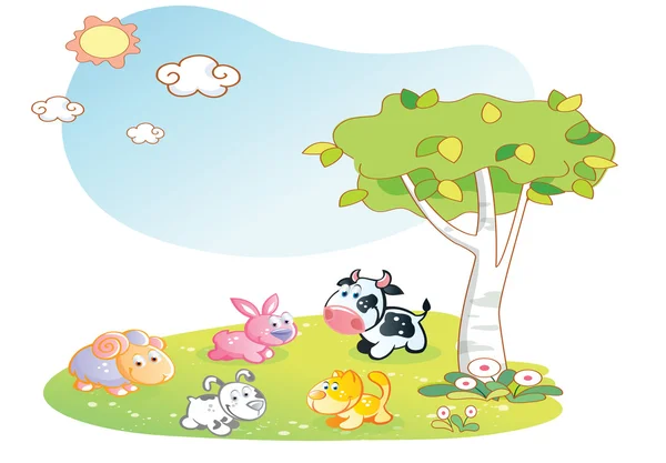 Animais de fazenda desenhos animados com fundo de jardim — Vetor de Stock