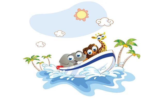 Cartoon animal était une promenade en bateau sur la plage — Image vectorielle