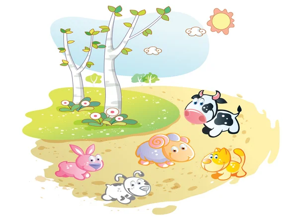 Farm animals cartoon posing in the street garden — Stock Vector