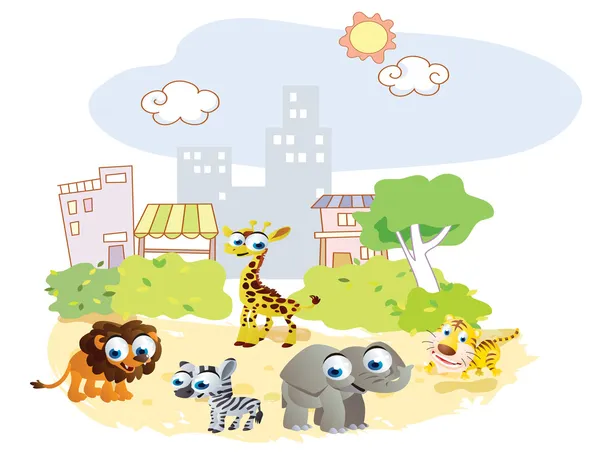 Cartoon animals playing in the park city — Stock Vector