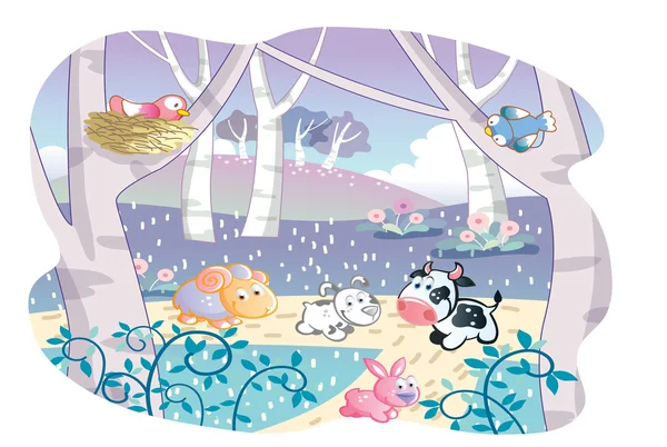 Farm animals playing in a beautiful garden — Stock Vector