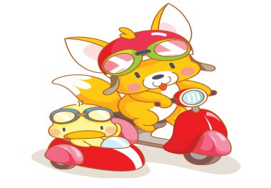 karikatür Sincap ve sevimli civciv motosiklet sürme