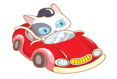 sevimli çizgi kedi kırmızı bir Araba sürme