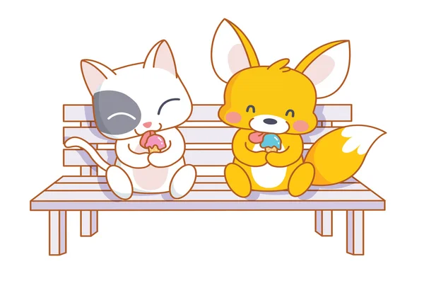 Cute cartoon kat en eekhoorn zittend in een stoel — Stockvector