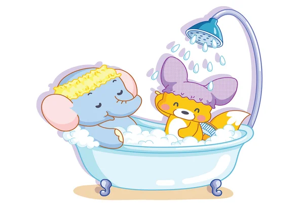 Elefantes e esquilo dos desenhos animados estava no chuveiro — Vetor de Stock