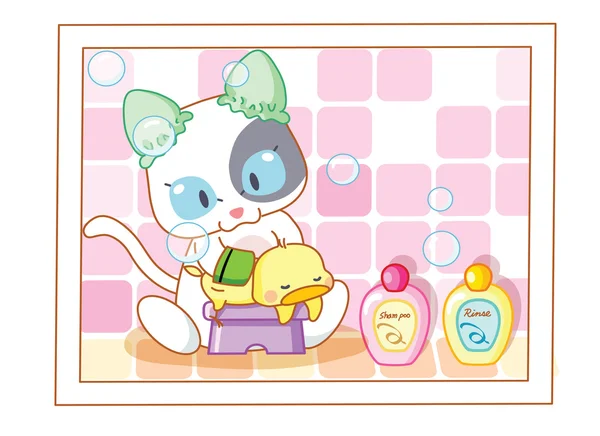 可爱的卡通猫洗澡小鸡 — 图库矢量图片