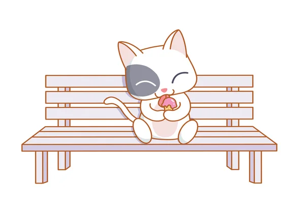 Cute cartoon cat sitting and eating ice cream — Stock Vector