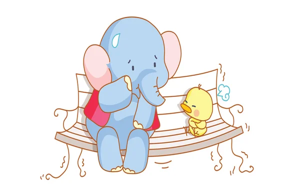 Cartoon olifant en een schattig kuiken zittend op een stoel — Stockvector
