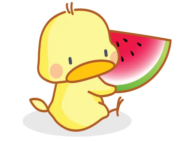 Cute cartoon kuikens eten watermeloen — Stockvector