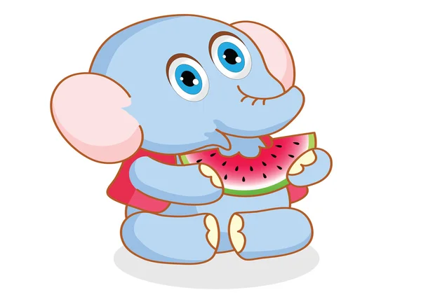 Bonito elefante dos desenhos animados comendo melancia — Vetor de Stock
