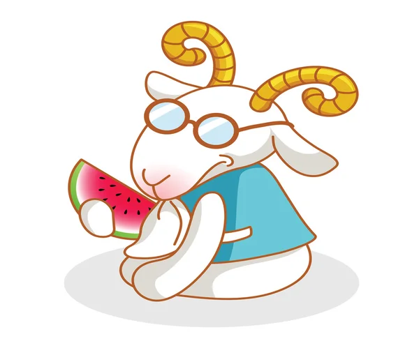 Cabra dos desenhos animados comendo melancia — Vetor de Stock