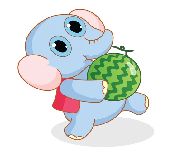 Elefante engraçado dos desenhos animados carregando uma melancia — Vetor de Stock