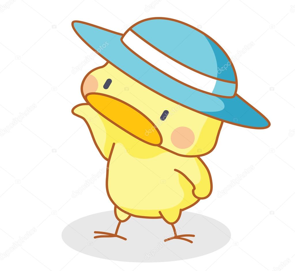 Cute cartoon chicks posing with hat