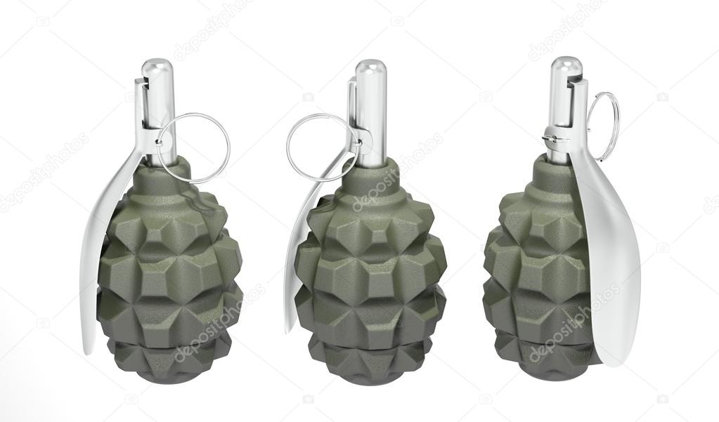 Three green frag grenades on white background