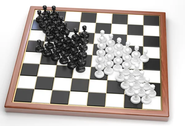 Annorlunda regisserad pilar av svarta och vita bönder på ett schackbräde — Stockfoto
