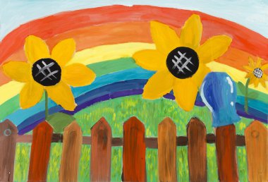 Rustic fence and sunflowers on a background of the rainbow. Chil clipart