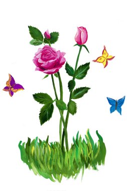 Roses and butterflies. Сhildren's drawing clipart