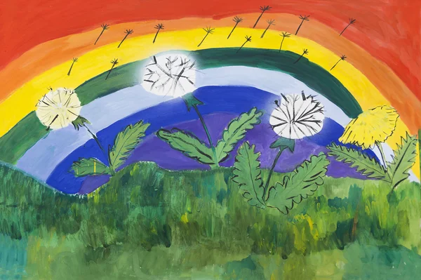 Dandelions on background of the rainbow. Children's drawing