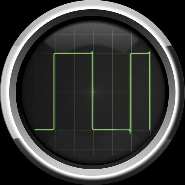 Obdélníkový signál na obrazovce osciloskopu v zelených tónech — Stock fotografie