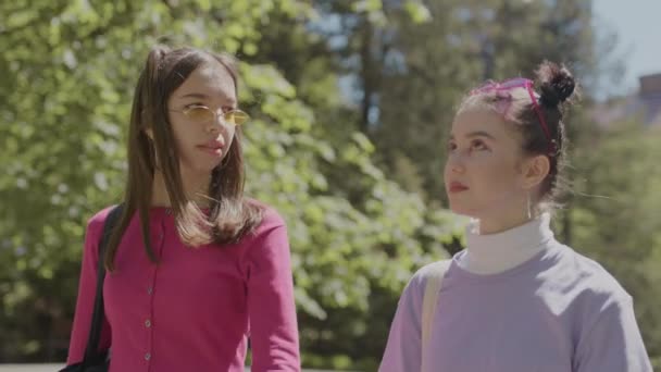 Zwei Freundinnen gehen im Park spazieren. Teenager-Mädchen in heller Kleidung. — Stockvideo