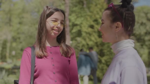 Mädchen erwägt neue Freundin Ohrringe im Park. Die Untersuchung eines Ohrrings, der ihn berührt. — Stockvideo