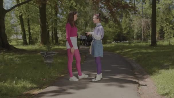 Las chicas comparten noticias interesantes entre sí. Pasar tiempo en el parque. — Vídeos de Stock