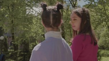 İki kız kardeş parkta yürür ve birbirlerine bakarlar. İki kız kardeşin parkta yürümesi..