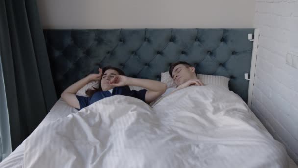 Young Happy Couple Waking Together Morning Embracing — Stock Video