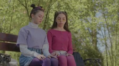 Parlak elbiseli kızlar parkta kavga ederler. Bir kız diğerini terk eder. Doğa kızların etrafında. Yatay video.