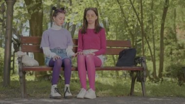 Parktaki bankta kavga eden kızlar. Bir dosta hakaret. Geçiş dönemi ergenliği. Yatay video.