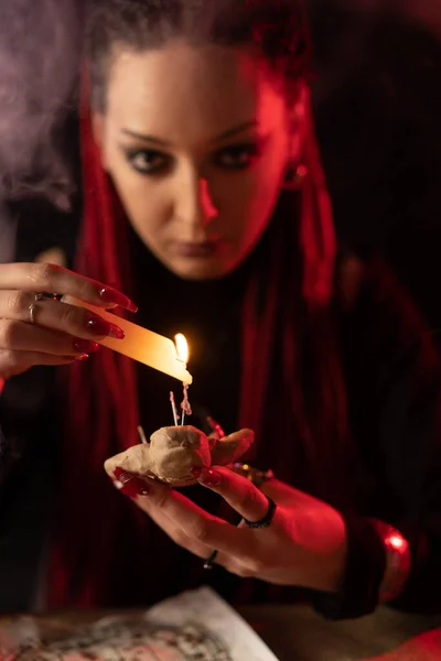 Melted Wax Candle Falls Voodoo Doll Hands Witch Divination Help — Stockfoto