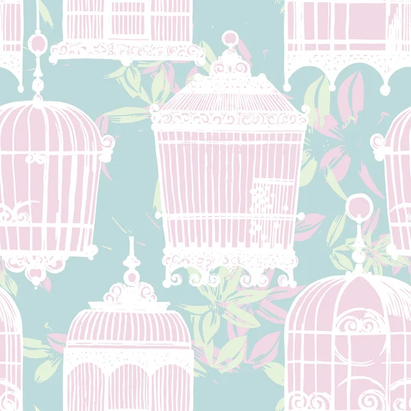 Pattern with vintage birdcages and flowers — Stock Vector