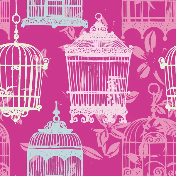 Vintage birdcages ve çiçek deseni — Stok Vektör