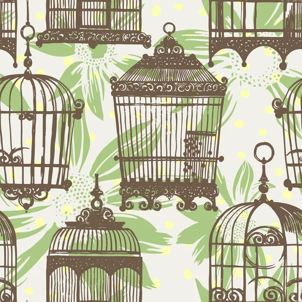 Pattern with vintage birdcages and flowers — Stock Vector