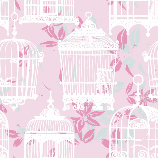 Pattern with vintage birdcages and flowers — Stock Vector