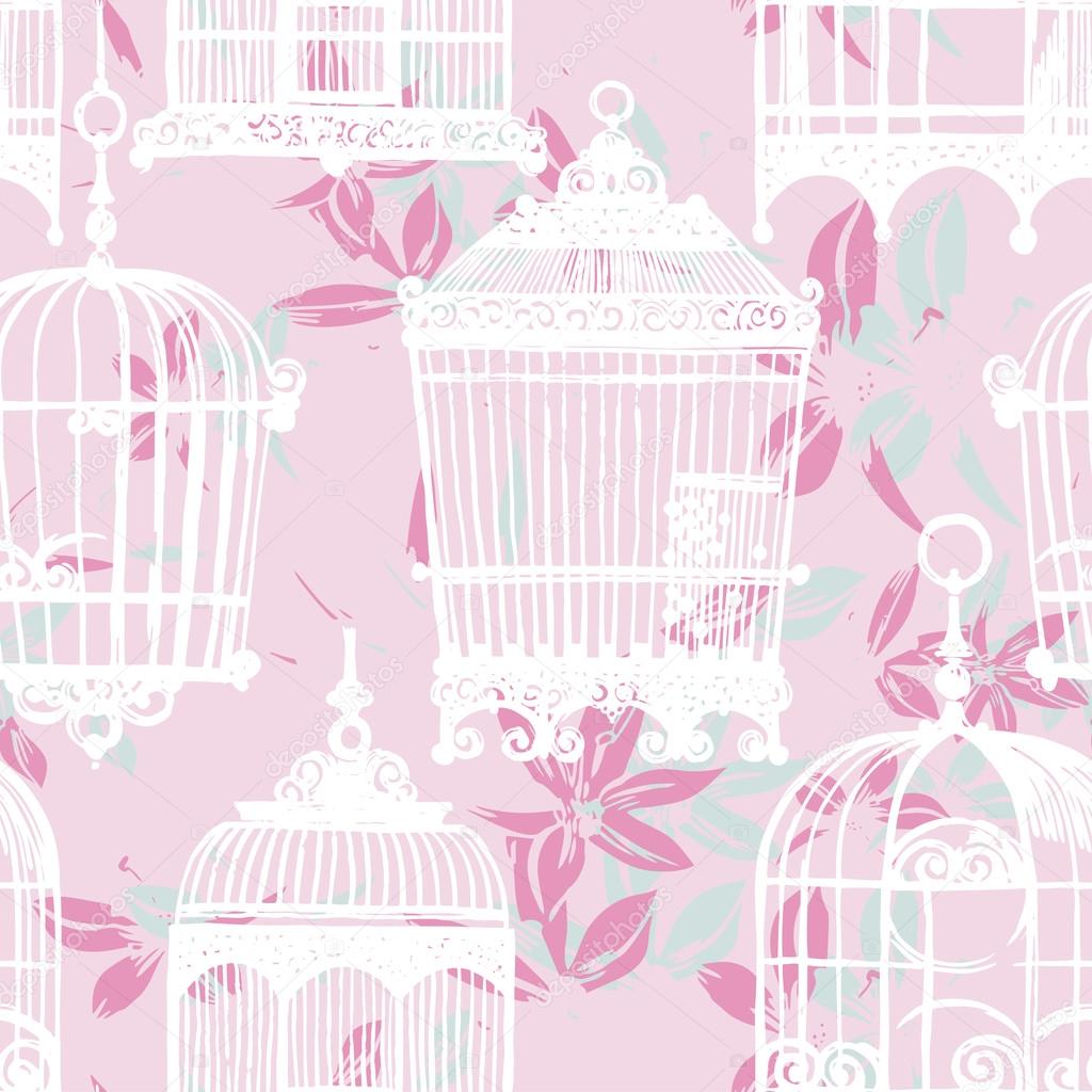 Pattern with vintage birdcages and flowers
