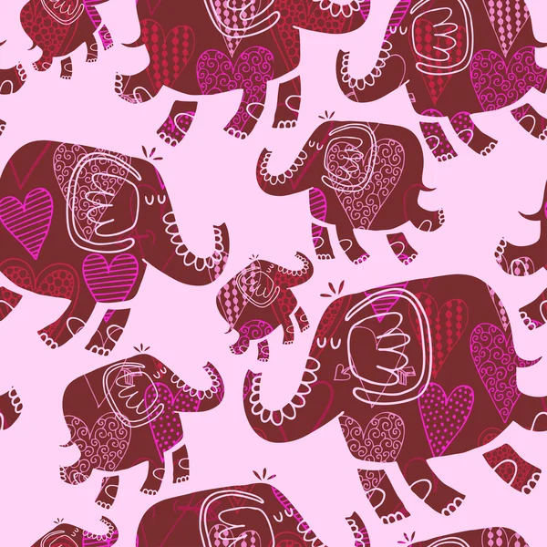 Modèle sans couture avec des éléphants et des coeurs — Image vectorielle