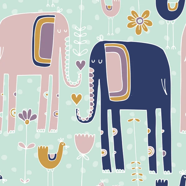 Pattern with elephant, flowers and bird — Stock Vector