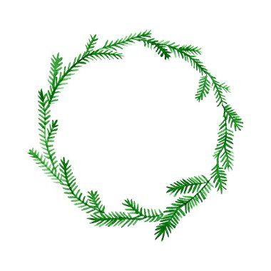 Suluboya çizim. Noel, köknar dallarının yeni yıl çelengi. İskandinav tarzında basit, minimalist çelenk