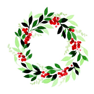 Suluboya çizim. Noel, yeni yıl çelengi yeşil yapraklar, okaliptüs ve kırmızı meyveler. Beyaz arka planda izole edilmiş geleneksel vintage çelenk